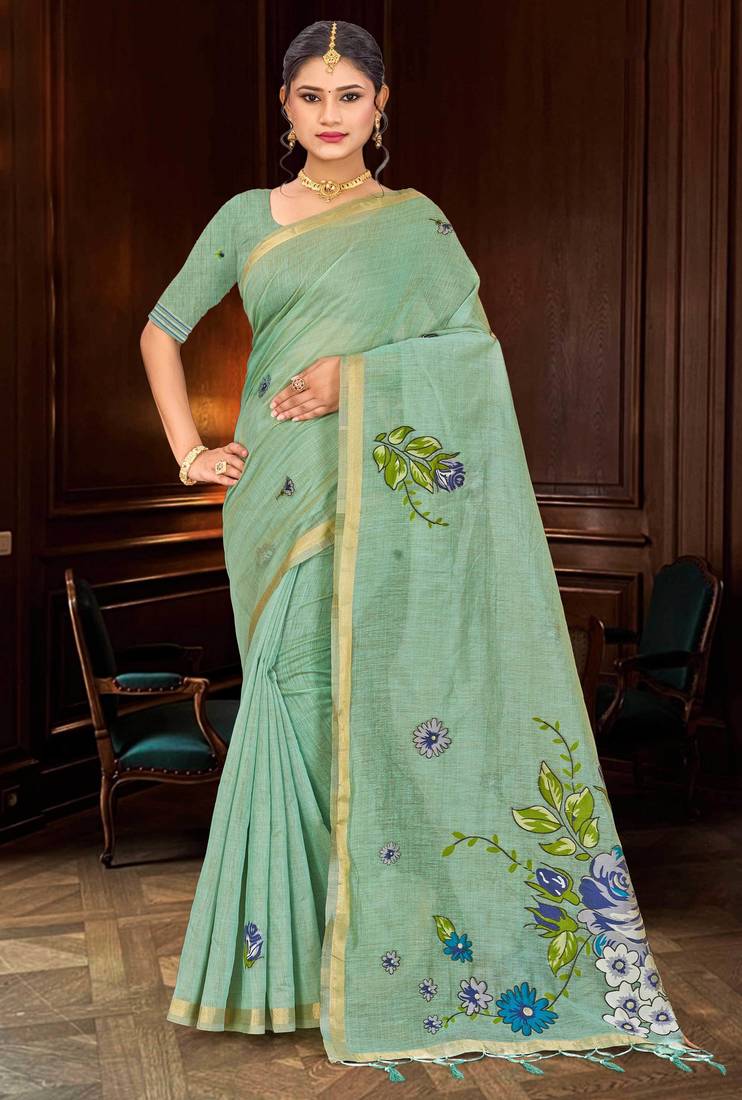 green woven cotton saree with blouse