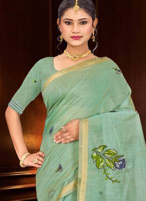 green woven cotton saree with blouse 2