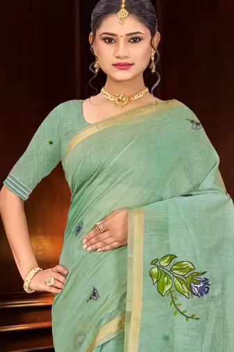 green woven cotton saree with blouse