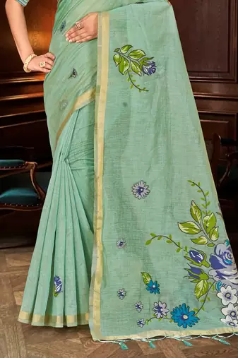 green woven cotton saree with blouse