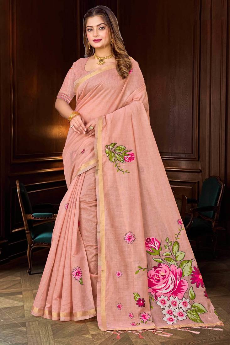 peach woven cotton saree with blouse