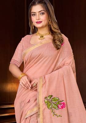 peach woven cotton saree with blouse 2