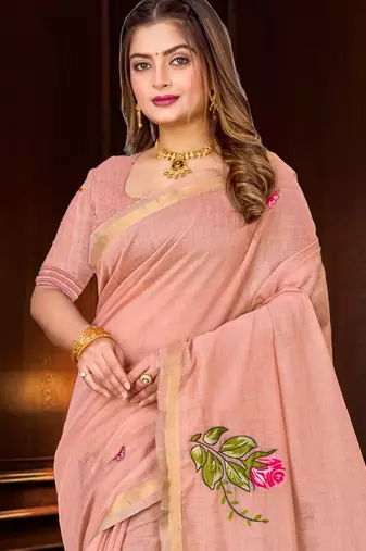 peach woven cotton saree with blouse