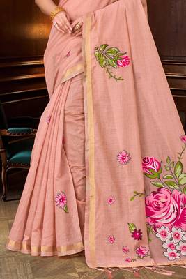 peach woven cotton saree with blouse 3