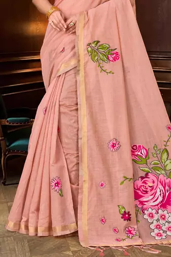 peach woven cotton saree with blouse