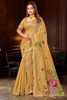 beige woven cotton saree with blouse 1