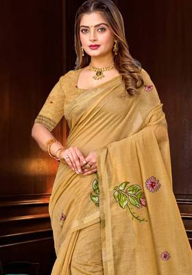 beige woven cotton saree with blouse 2