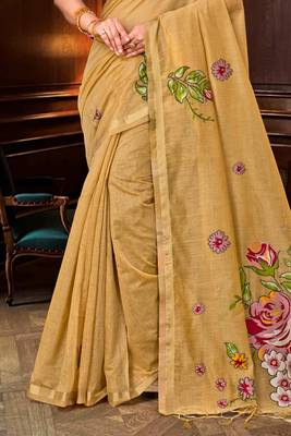 beige woven cotton saree with blouse 3