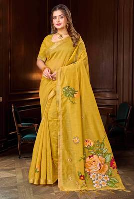 yellow woven cotton saree with blouse 1