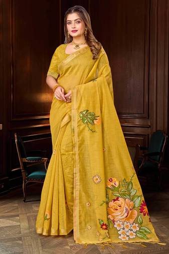 yellow woven cotton saree with blouse