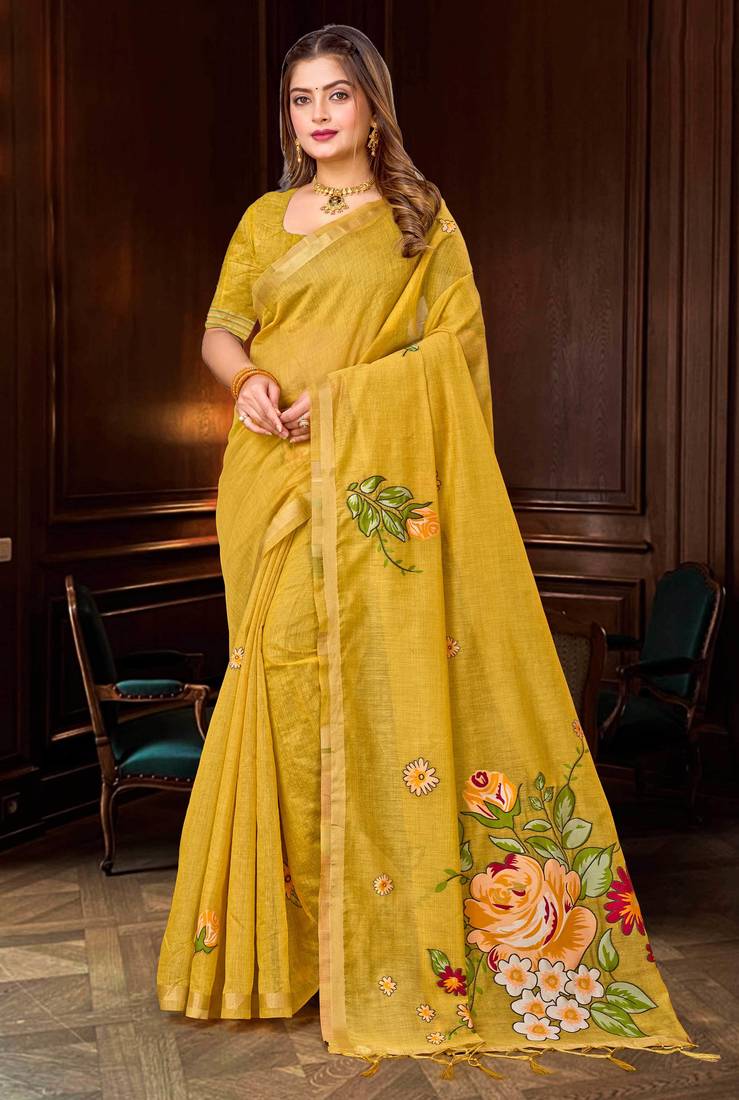 yellow woven cotton saree with blouse