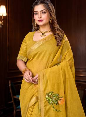yellow woven cotton saree with blouse 2