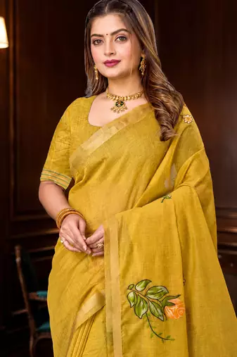 yellow woven cotton saree with blouse