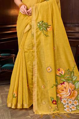 yellow woven cotton saree with blouse 3