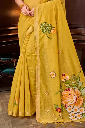 yellow woven cotton saree with blouse