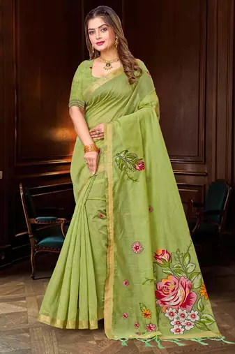 green woven cotton saree with blouse