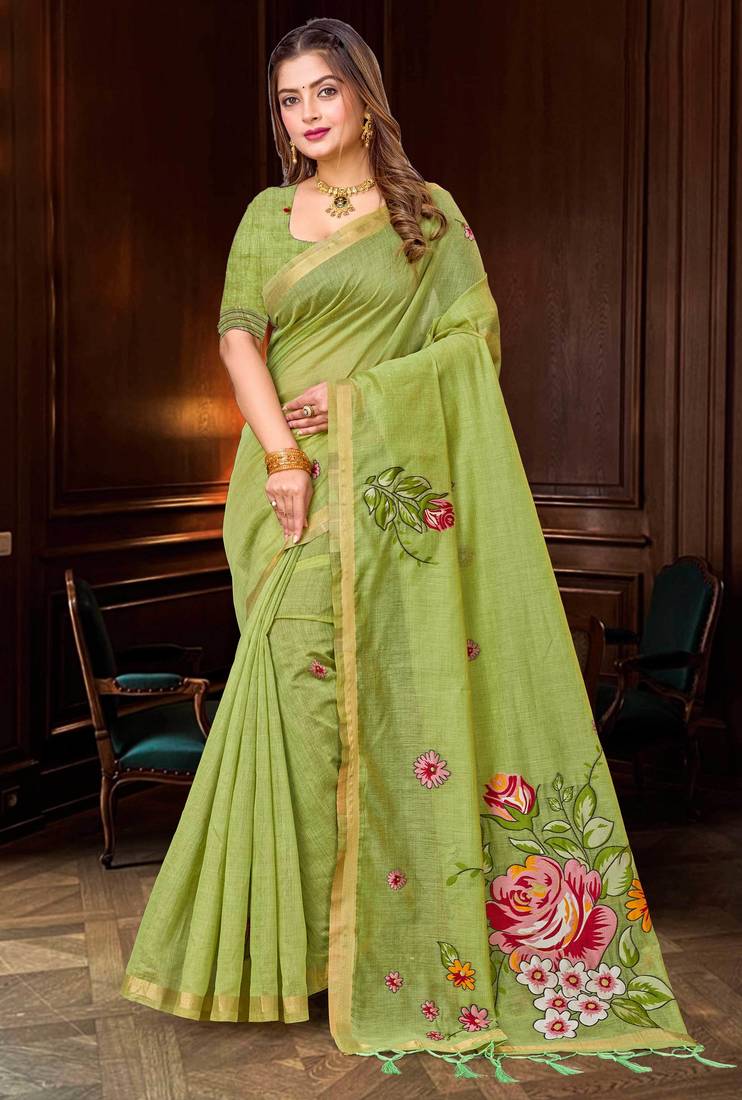 green woven cotton saree with blouse