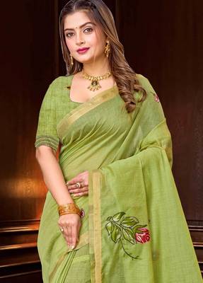 green woven cotton saree with blouse 2