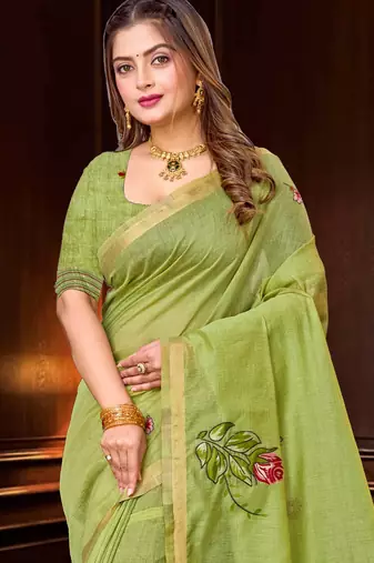 green woven cotton saree with blouse