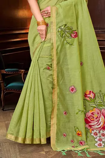 green woven cotton saree with blouse