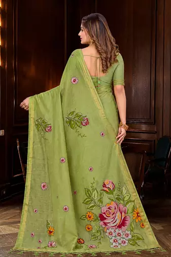 green woven cotton saree with blouse