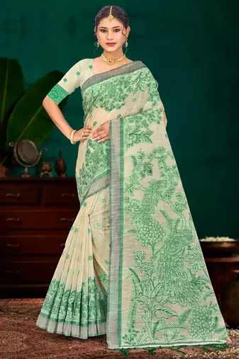 green woven cotton saree with blouse
