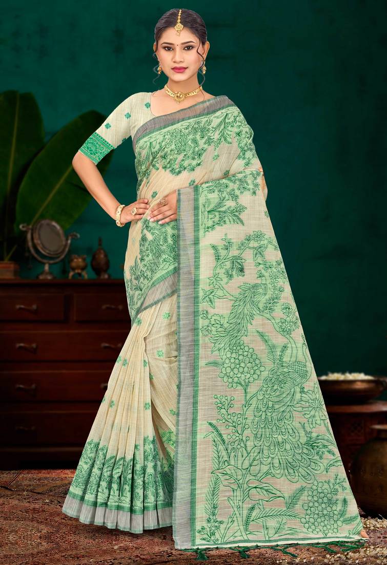 green woven cotton saree with blouse