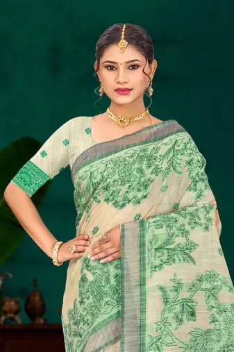green woven cotton saree with blouse