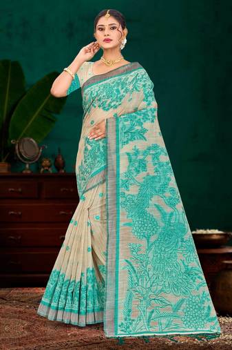 green woven cotton saree with blouse