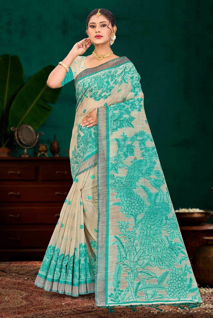 green woven cotton saree with blouse
