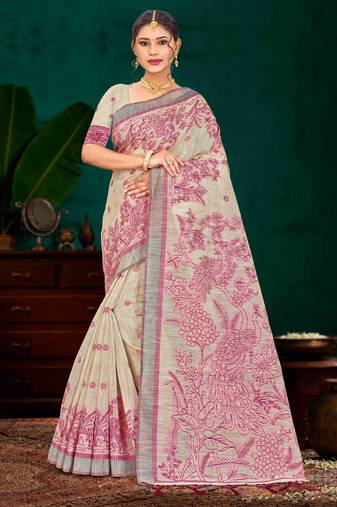 hot pink woven cotton saree with blouse