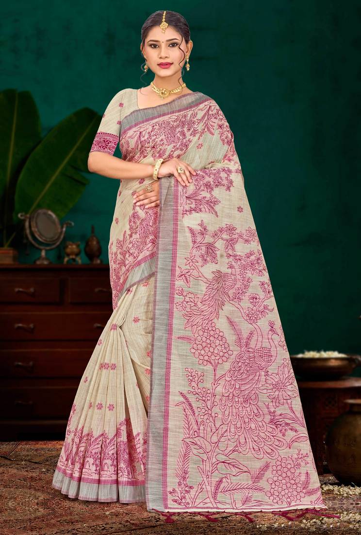 hot pink woven cotton saree with blouse