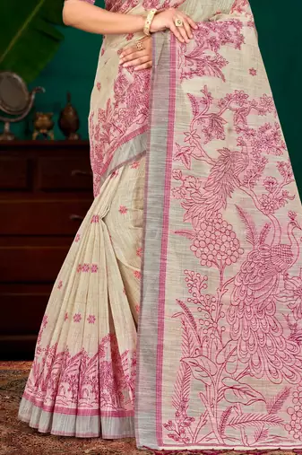 hot pink woven cotton saree with blouse