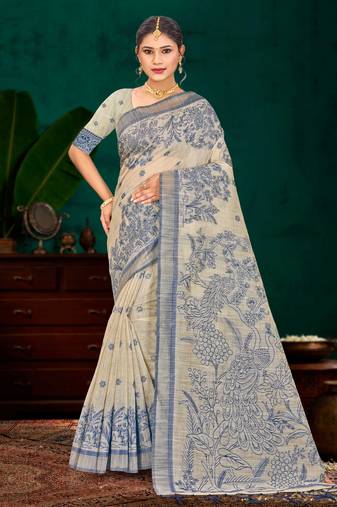 navy blue woven cotton saree with blouse