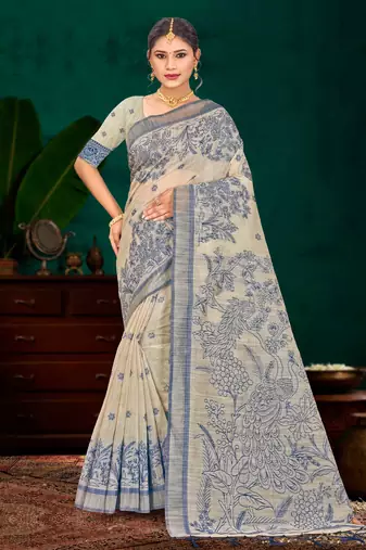 navy blue woven cotton saree with blouse