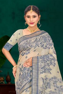 navy blue woven cotton saree with blouse 2