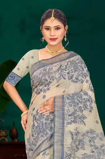 navy blue woven cotton saree with blouse