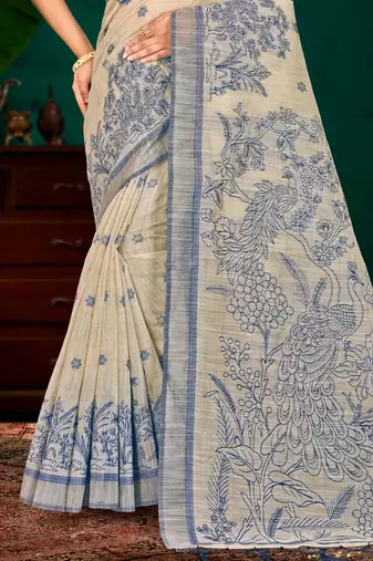 navy blue woven cotton saree with blouse