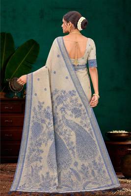 navy blue woven cotton saree with blouse 4