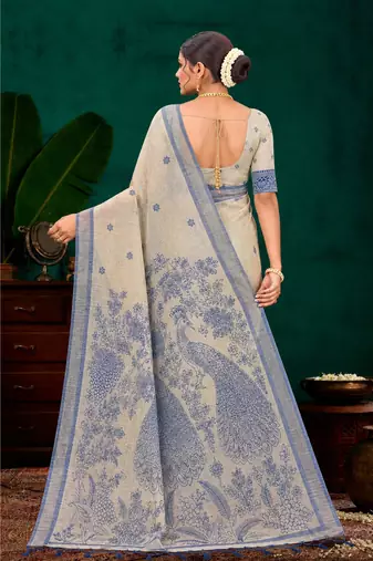 navy blue woven cotton saree with blouse
