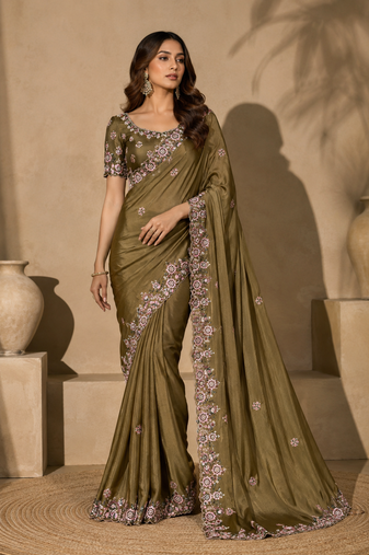 olive green embroidery sequin and multi border silk saree