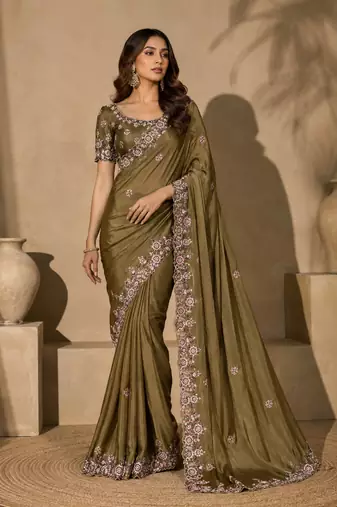 olive green embroidery sequin and multi border silk saree