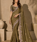 olive green embroidery sequin and multi border silk saree