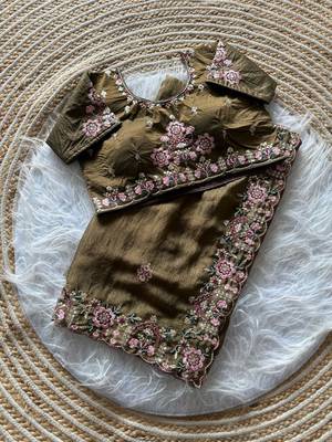 olive green embroidery sequin and multi border silk saree 2