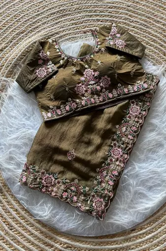 olive green embroidery sequin and multi border silk saree