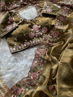 olive green embroidery sequin and multi border silk saree 3