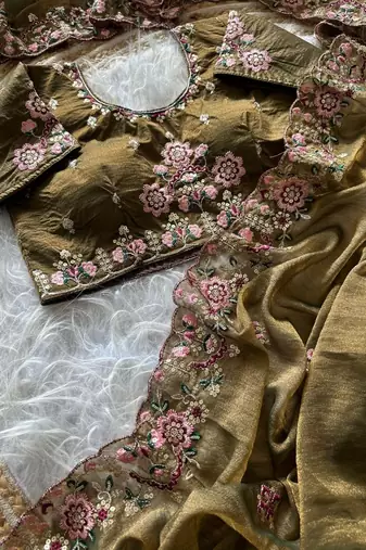 olive green embroidery sequin and multi border silk saree