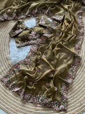olive green embroidery sequin and multi border silk saree 4