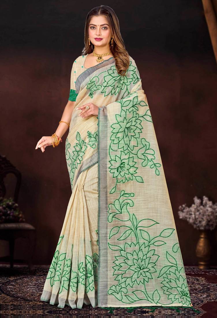 green woven cotton saree with blouse