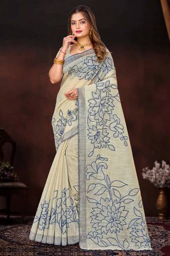 navy blue woven cotton saree with blouse